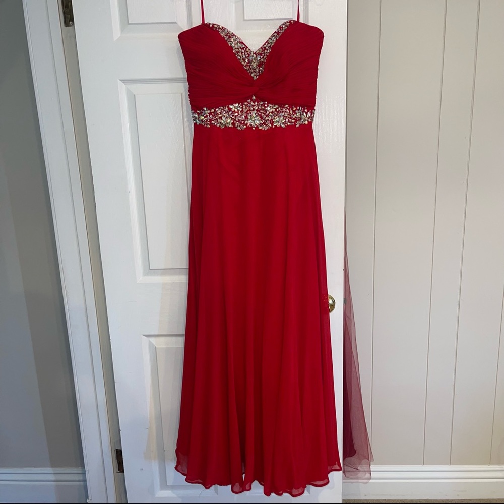 Red flowy gown with crystal detailing
